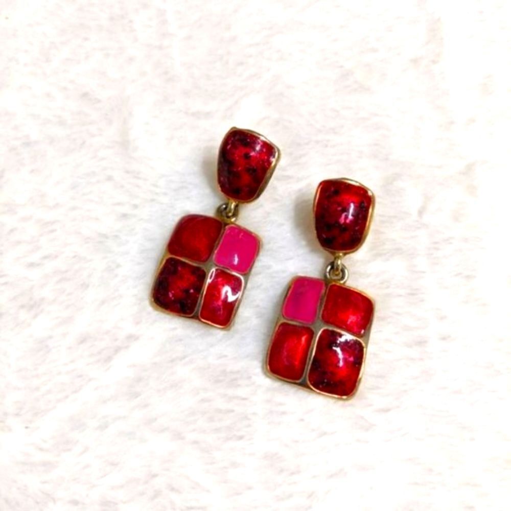 Vintage 1980's Pink & Gold Square Enamel Pierced Earrings - Picture 5 of 9